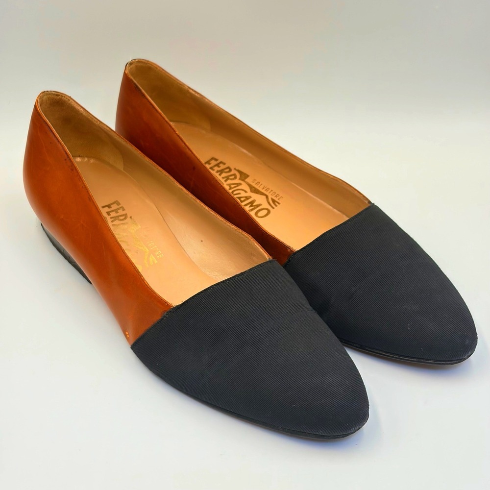 Salvatore Ferragamo Two-Tone Black and Brown Pointed Toe Flats